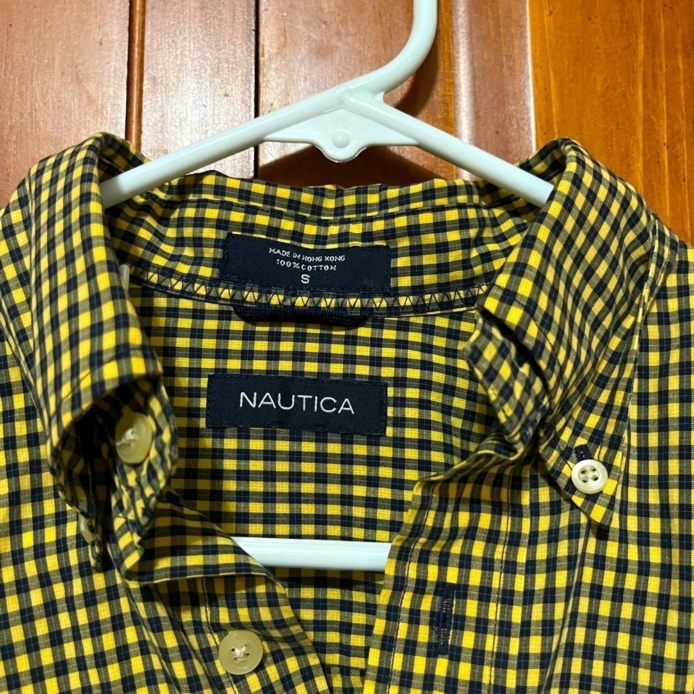 Nautica Men's Yellow and Black Plaid Shirt - Small